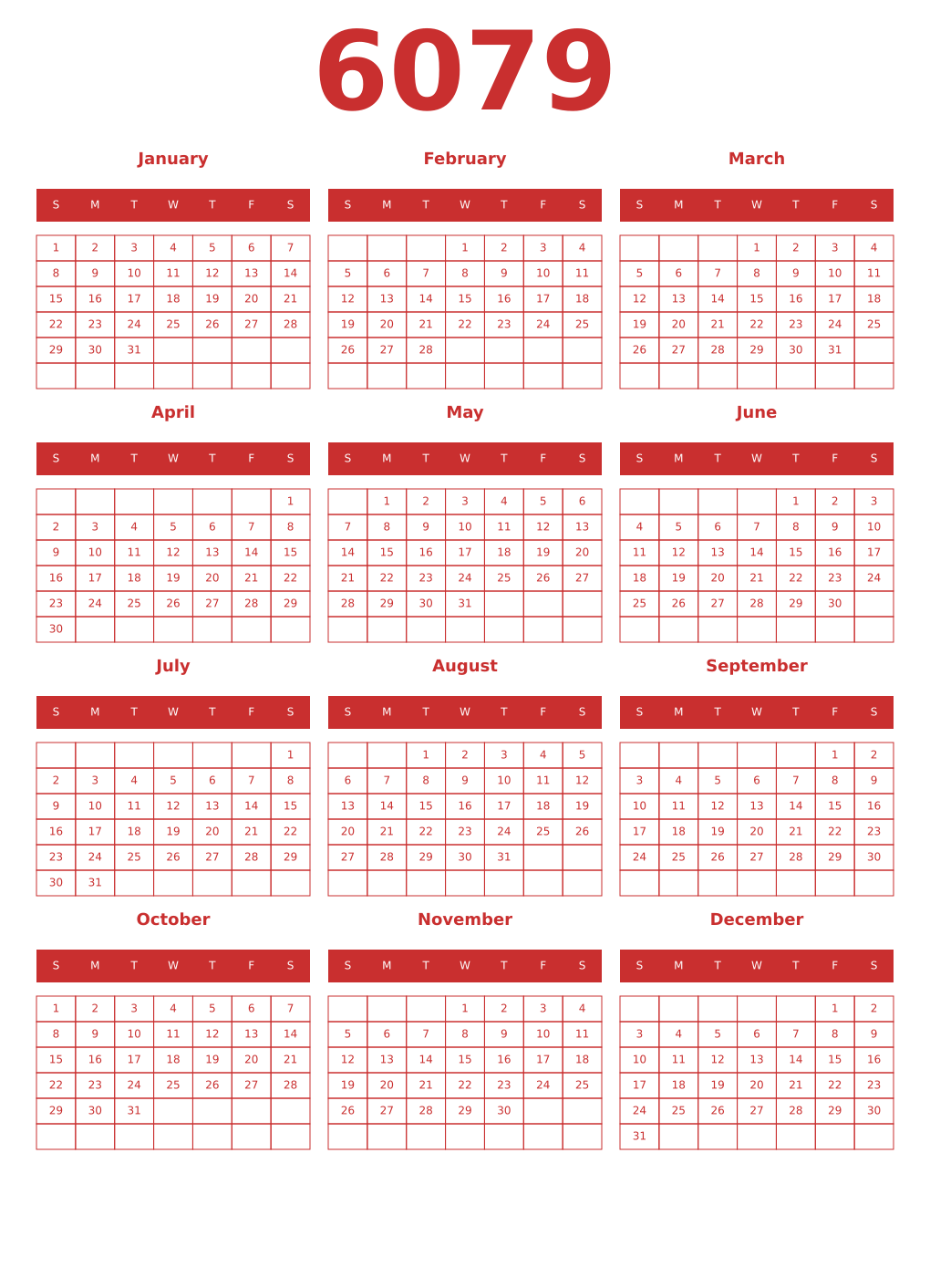 Printable 6079 Year Calendars red