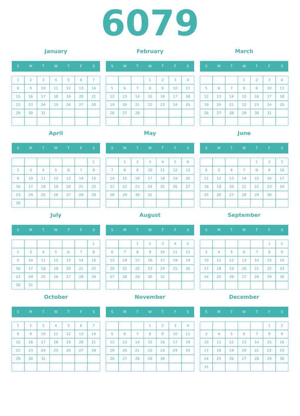 Printable 6079 Year Calendars verdigris