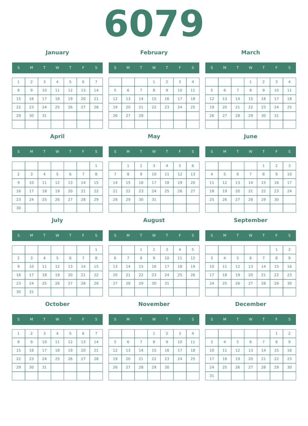Printable 6079 Year Calendars viridian