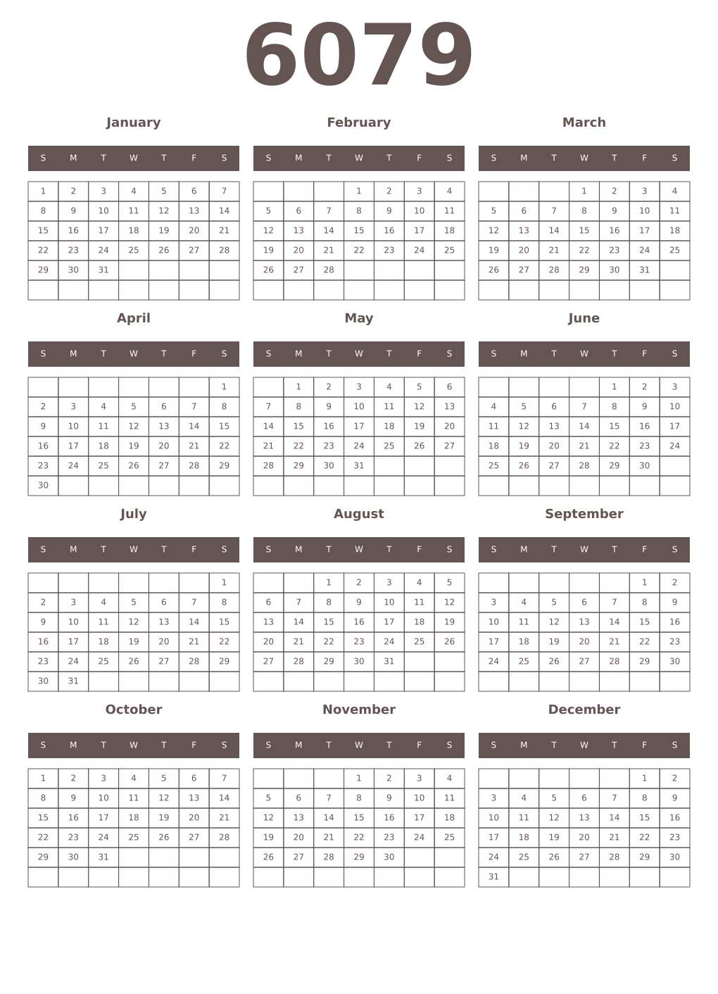 Printable 6079 Year Calendars wenge