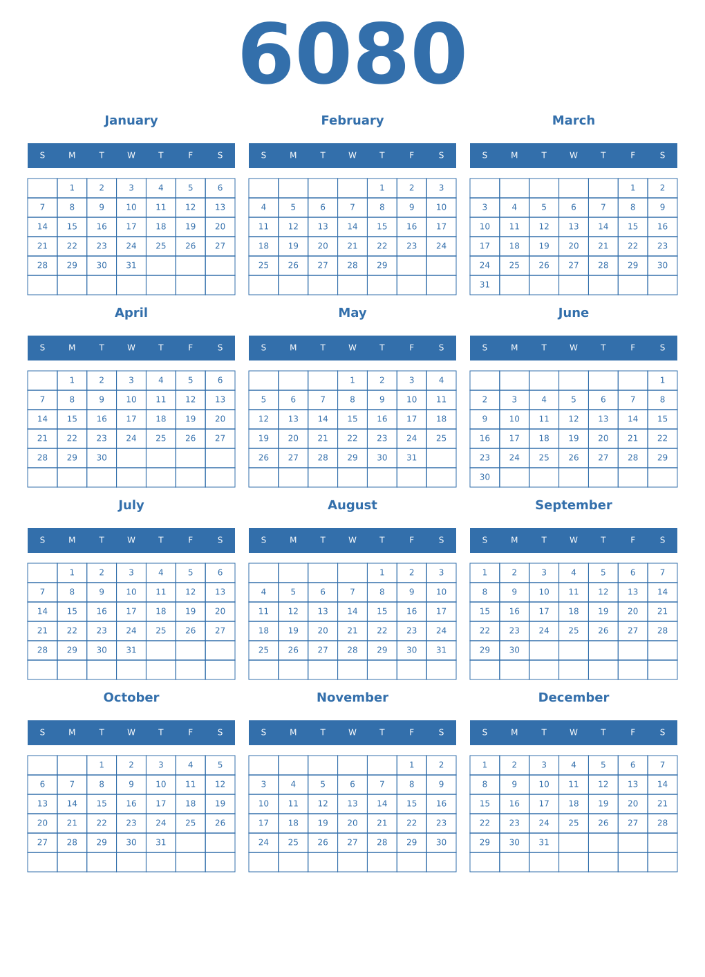 Printable 6080 Year Calendars blue