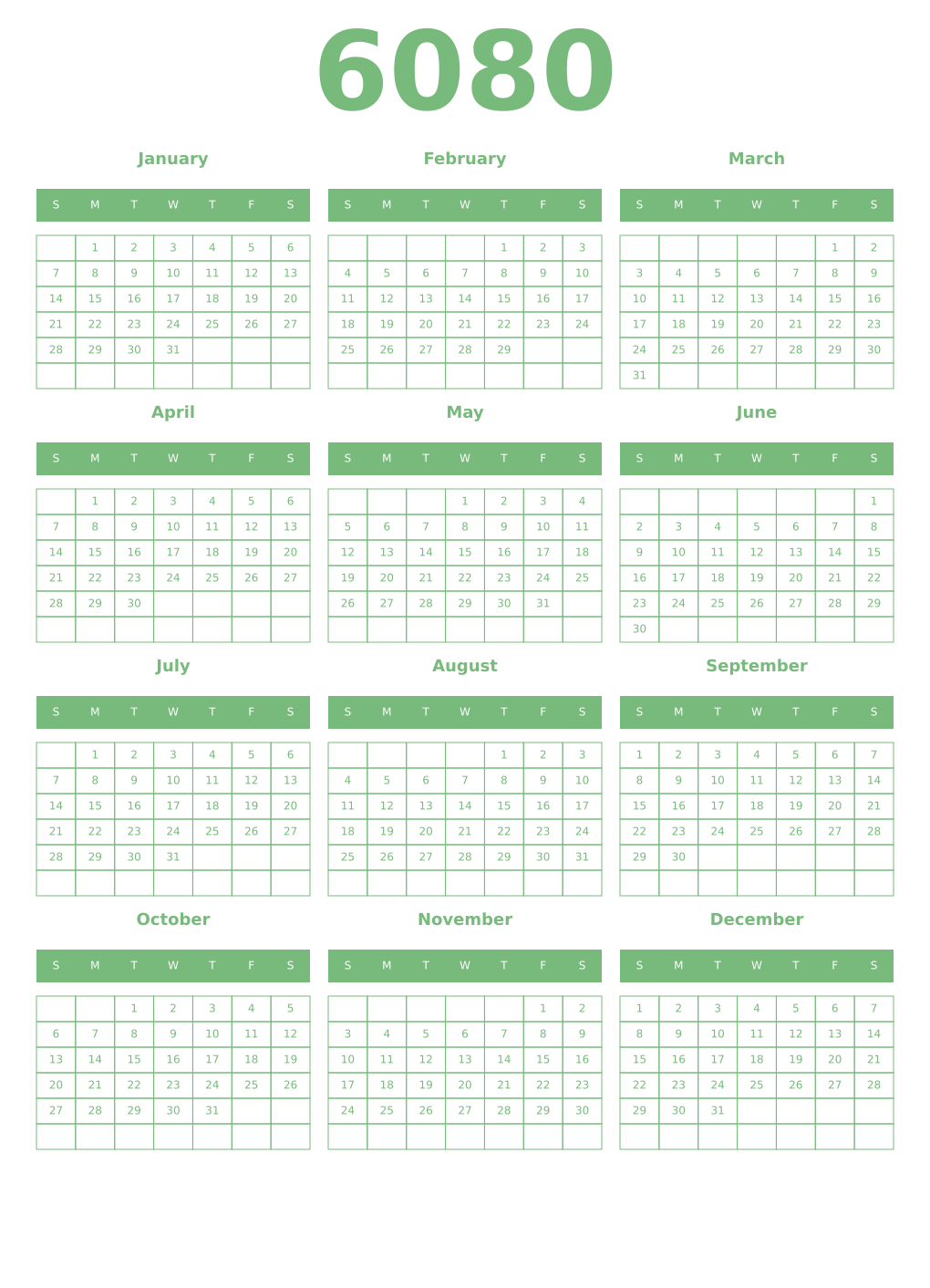 Printable 6080 Year Calendars celadon