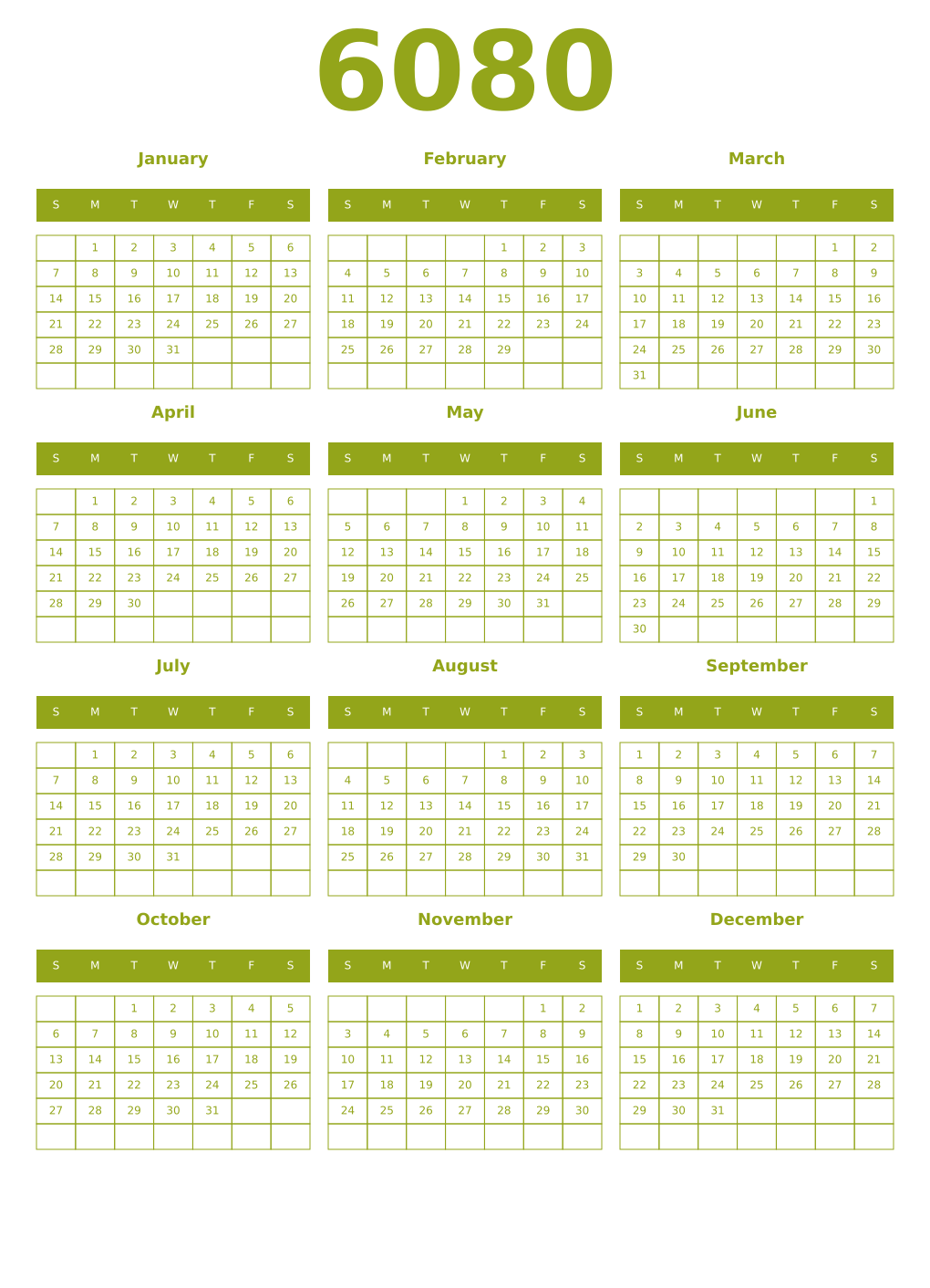 Printable 6080 Year Calendars chartreuse