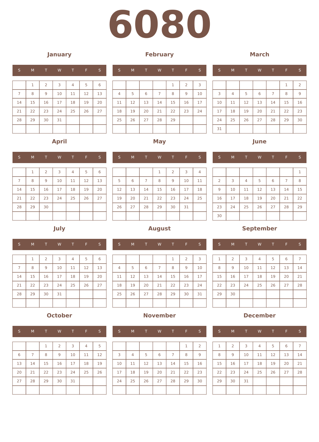 Printable 6080 Year Calendars coffe