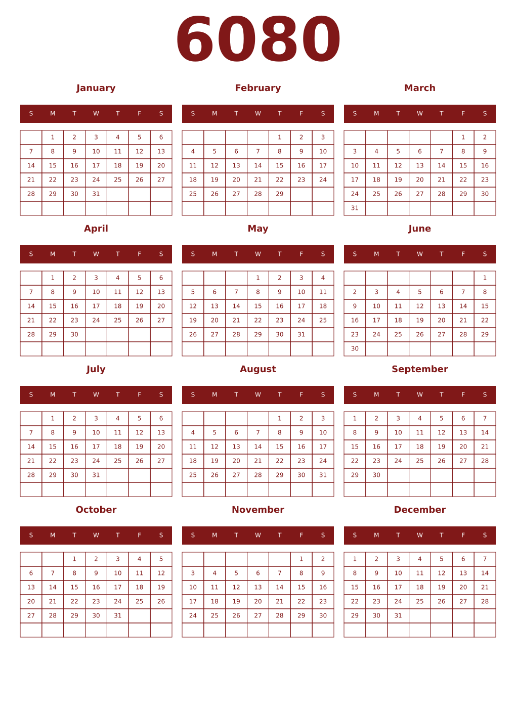 Printable 6080 Year Calendars falu