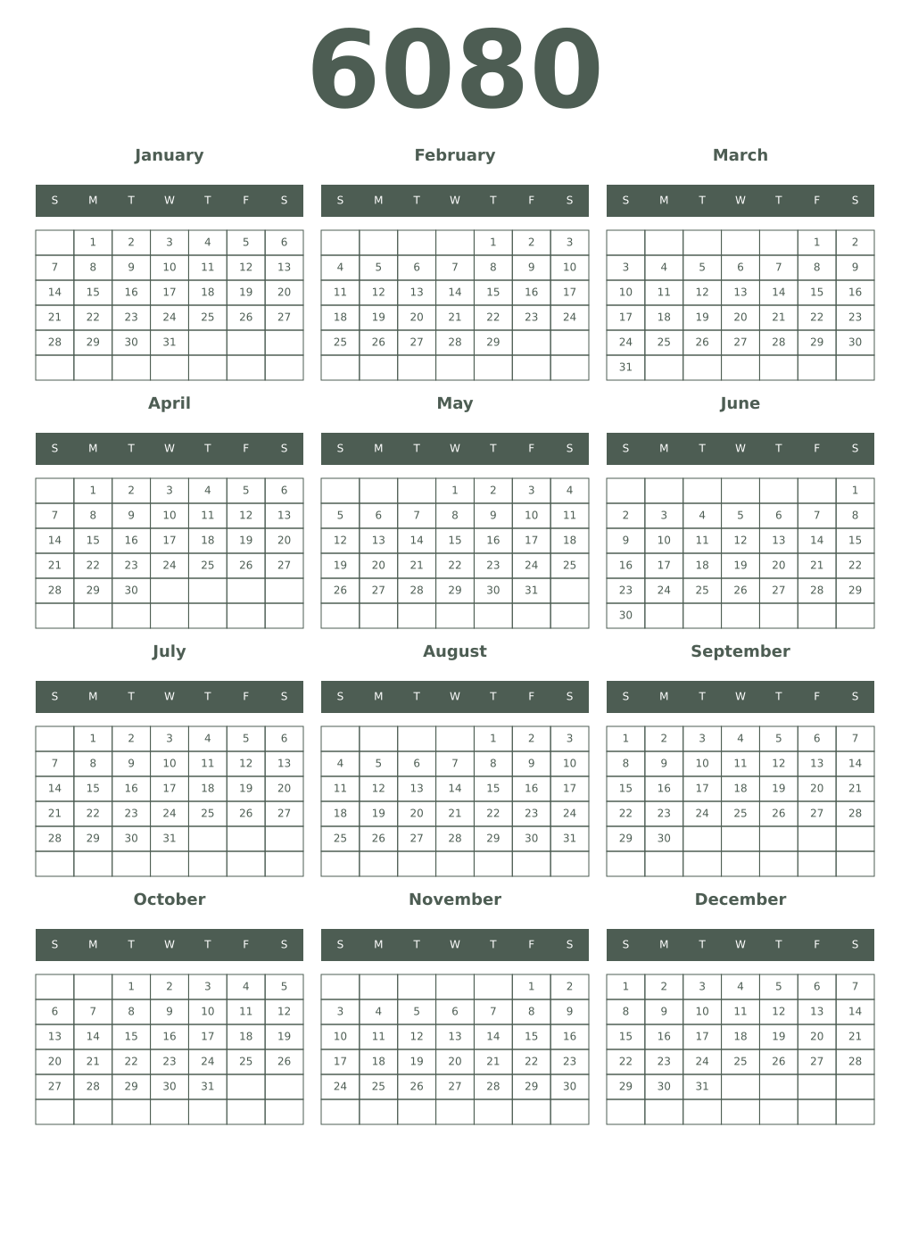 Printable 6080 Year Calendars feldgrau