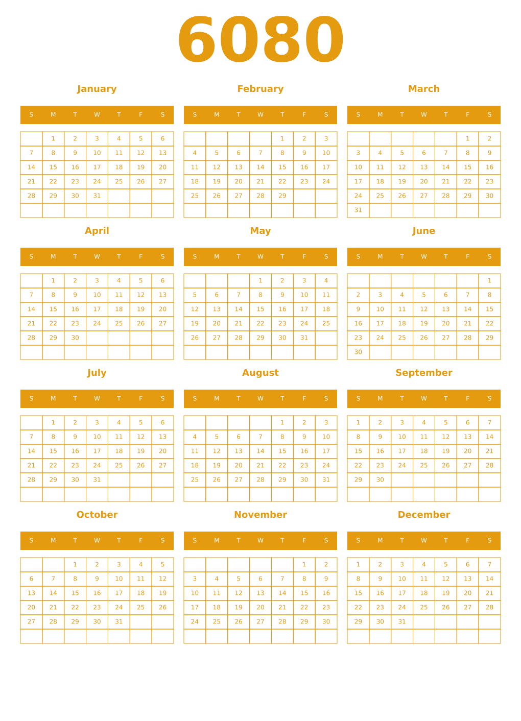 Printable 6080 Year Calendars gamboge