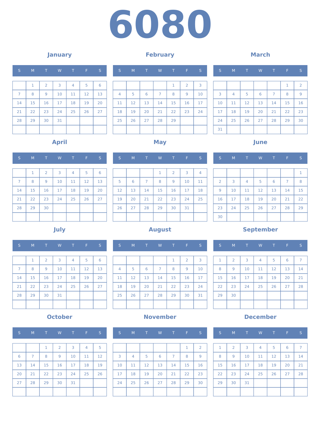 Printable 6080 Year Calendars glaucous