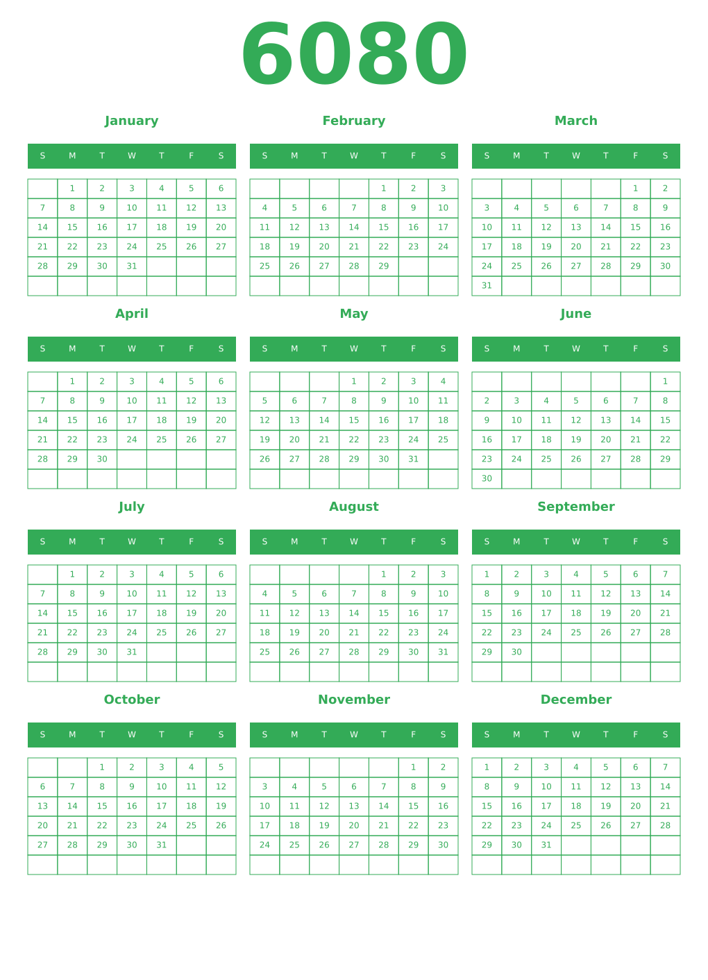 Printable 6080 Year Calendars green