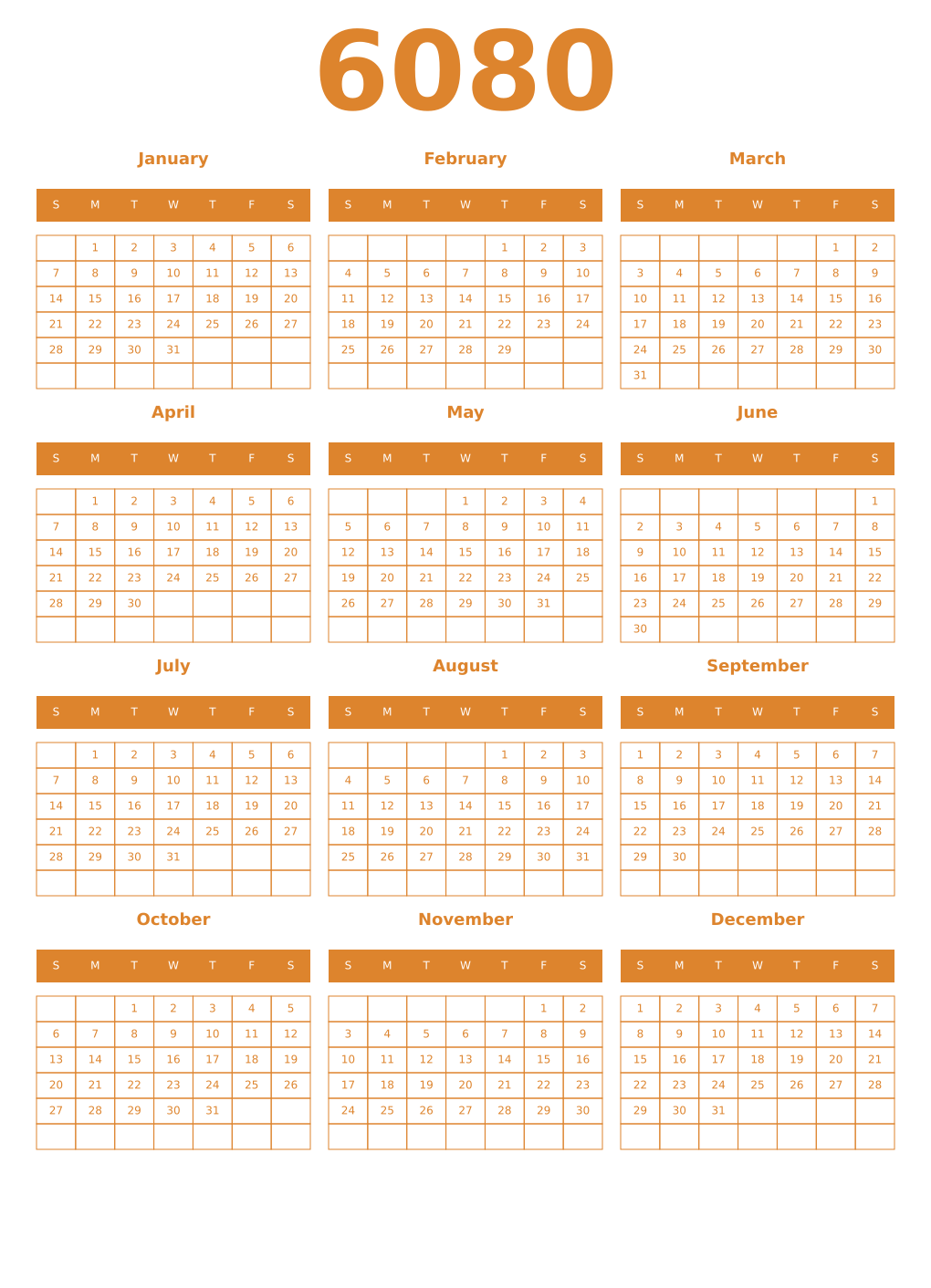 Printable 6080 Year Calendars orange