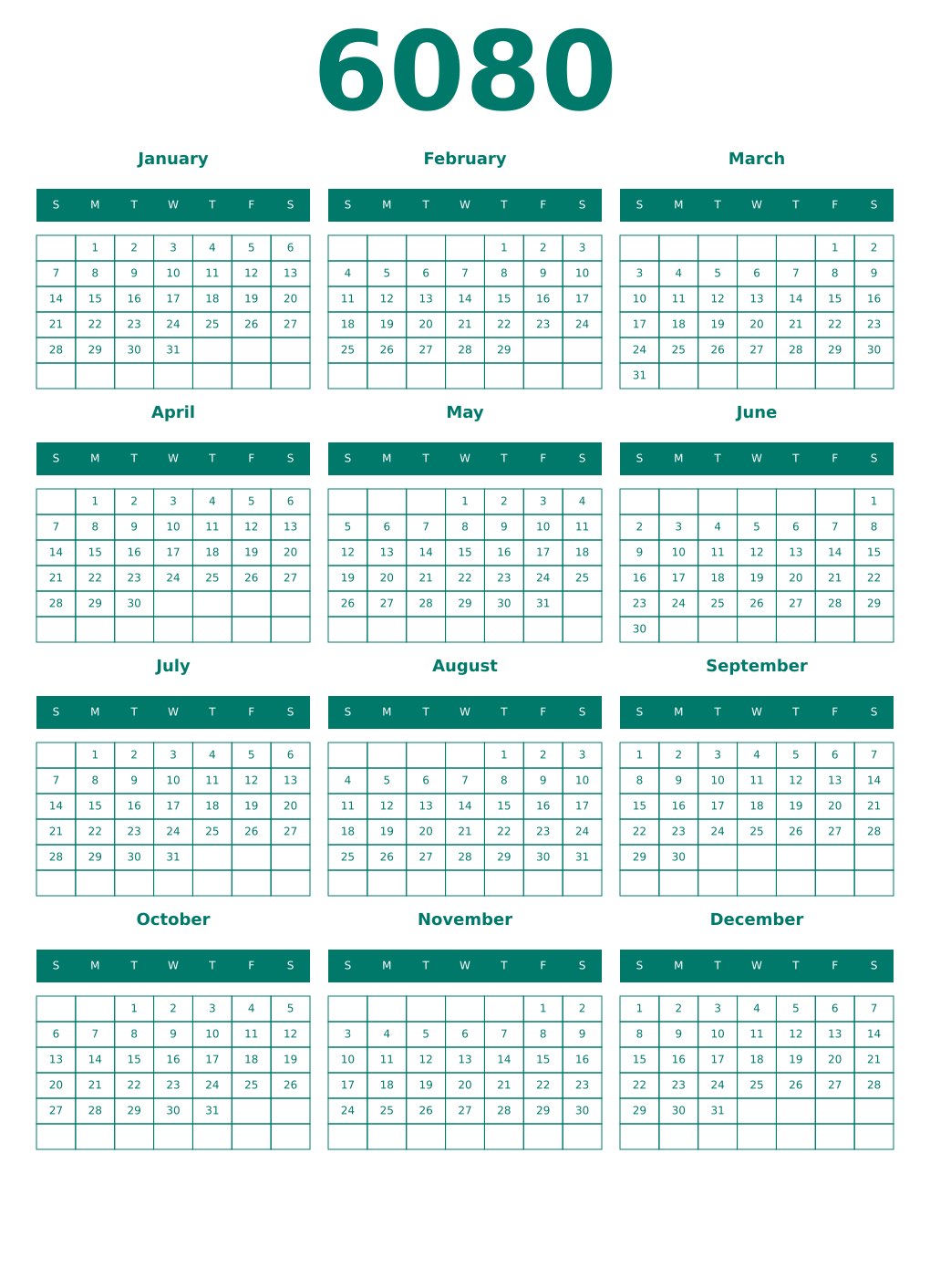 Printable 6080 Year Calendars pastel
