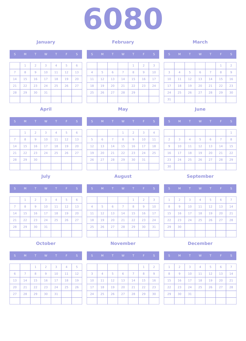 Printable 6080 Year Calendars periwinkle