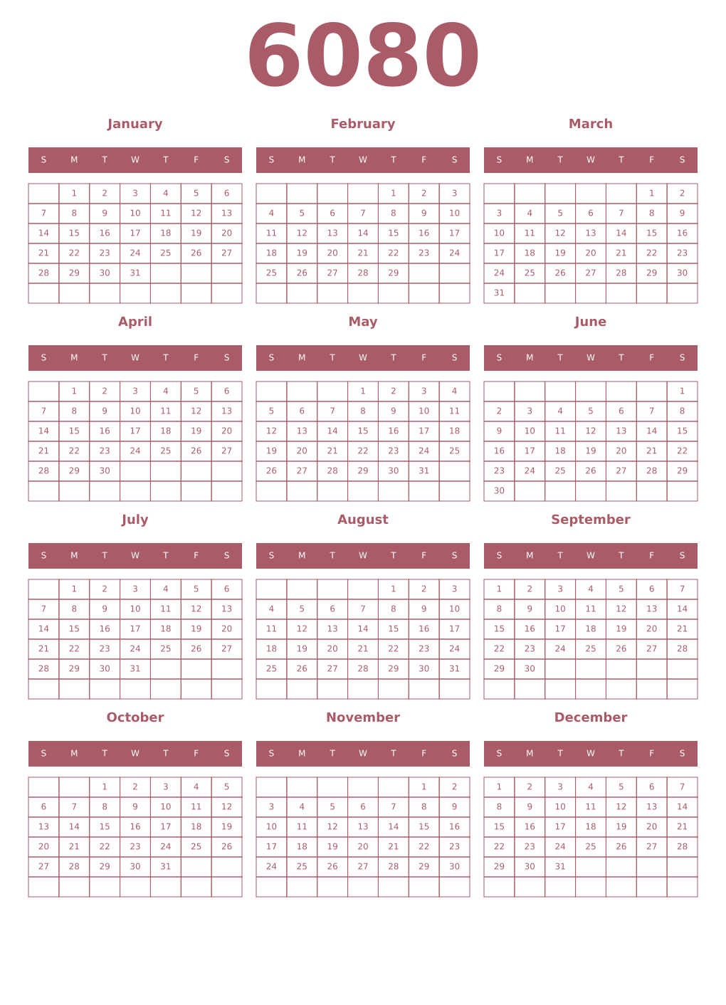 Printable 6080 Year Calendars puce