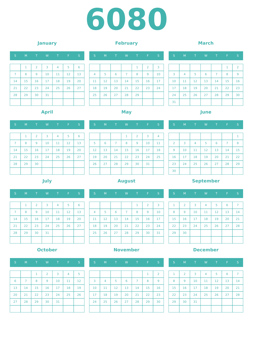 Printable 6080 Year Calendars verdigris