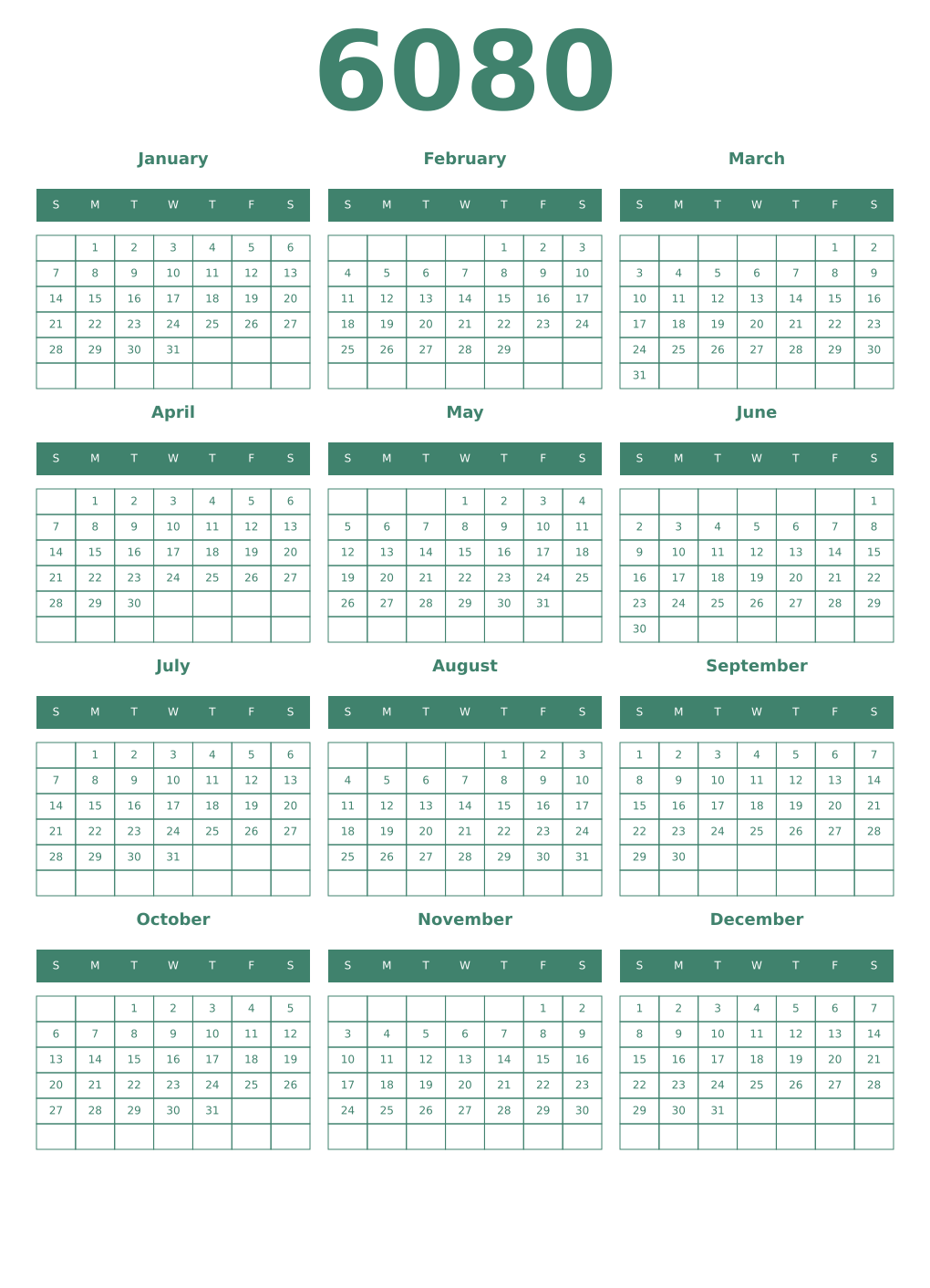 Printable 6080 Year Calendars viridian