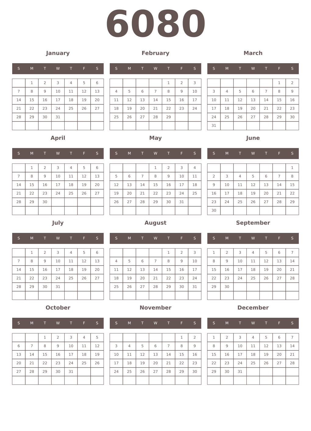 Printable 6080 Year Calendars wenge