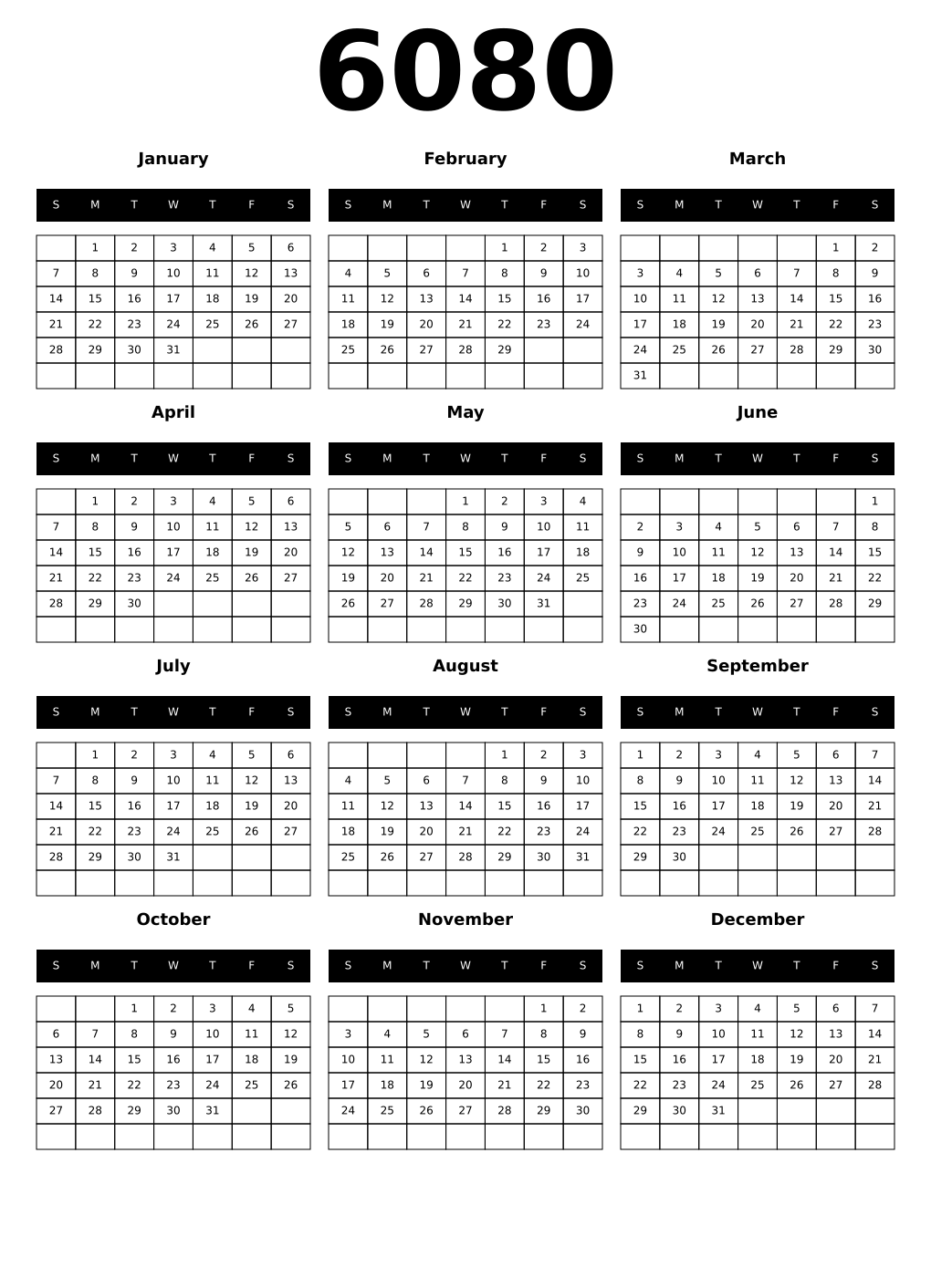 Printable 6080 Calendars