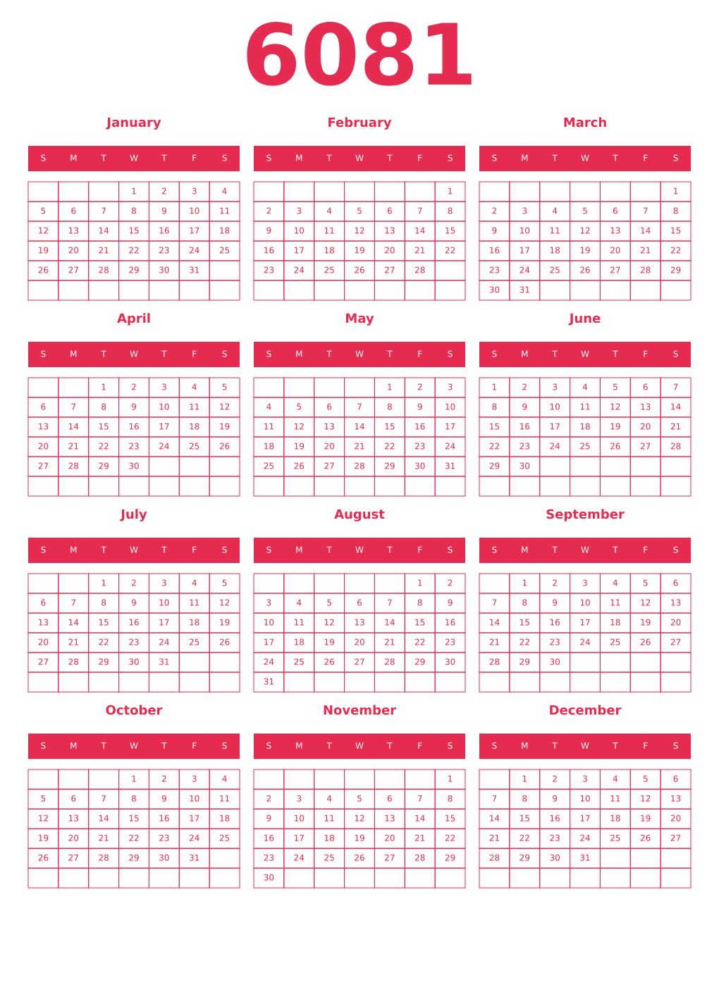 Printable 6081 Year Calendars amaranth