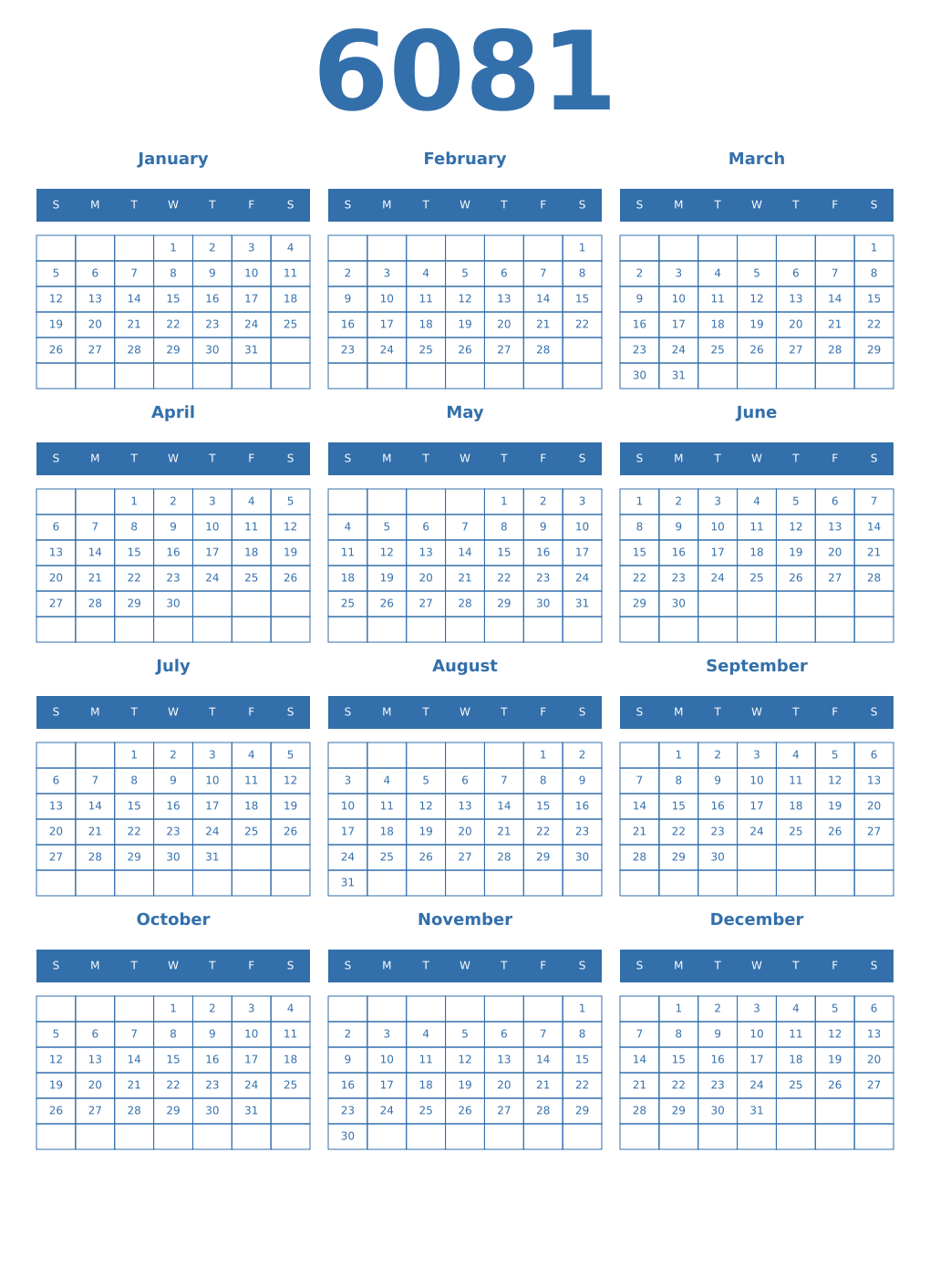 Printable 6081 Year Calendars blue