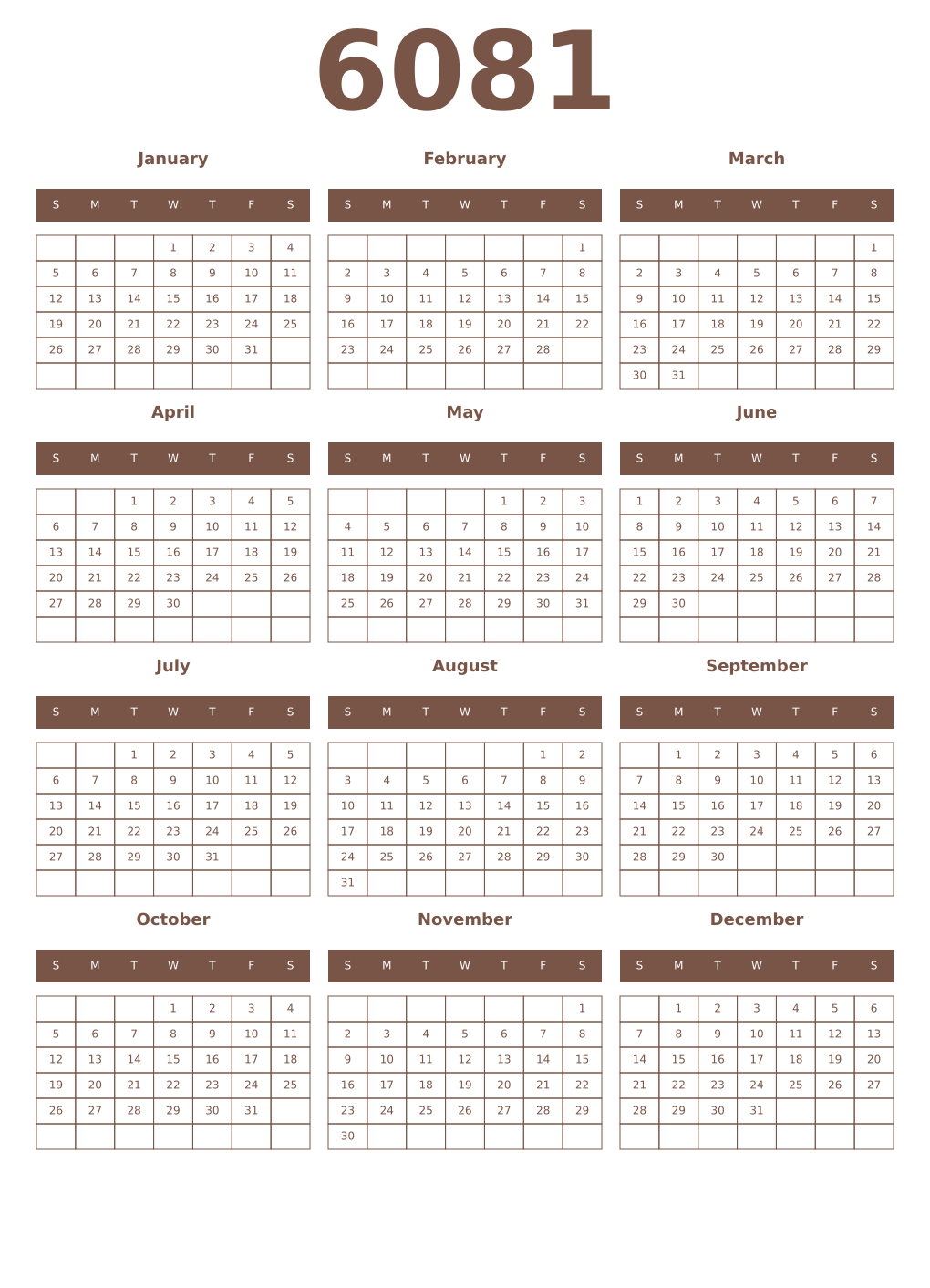Printable 6081 Year Calendars coffe