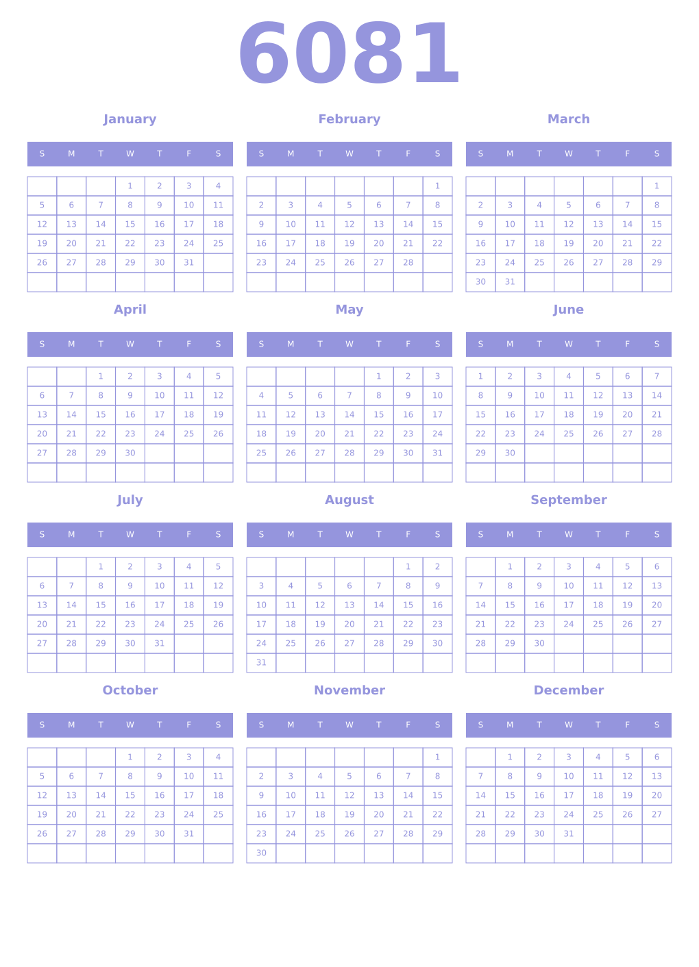 Printable 6081 Year Calendars periwinkle