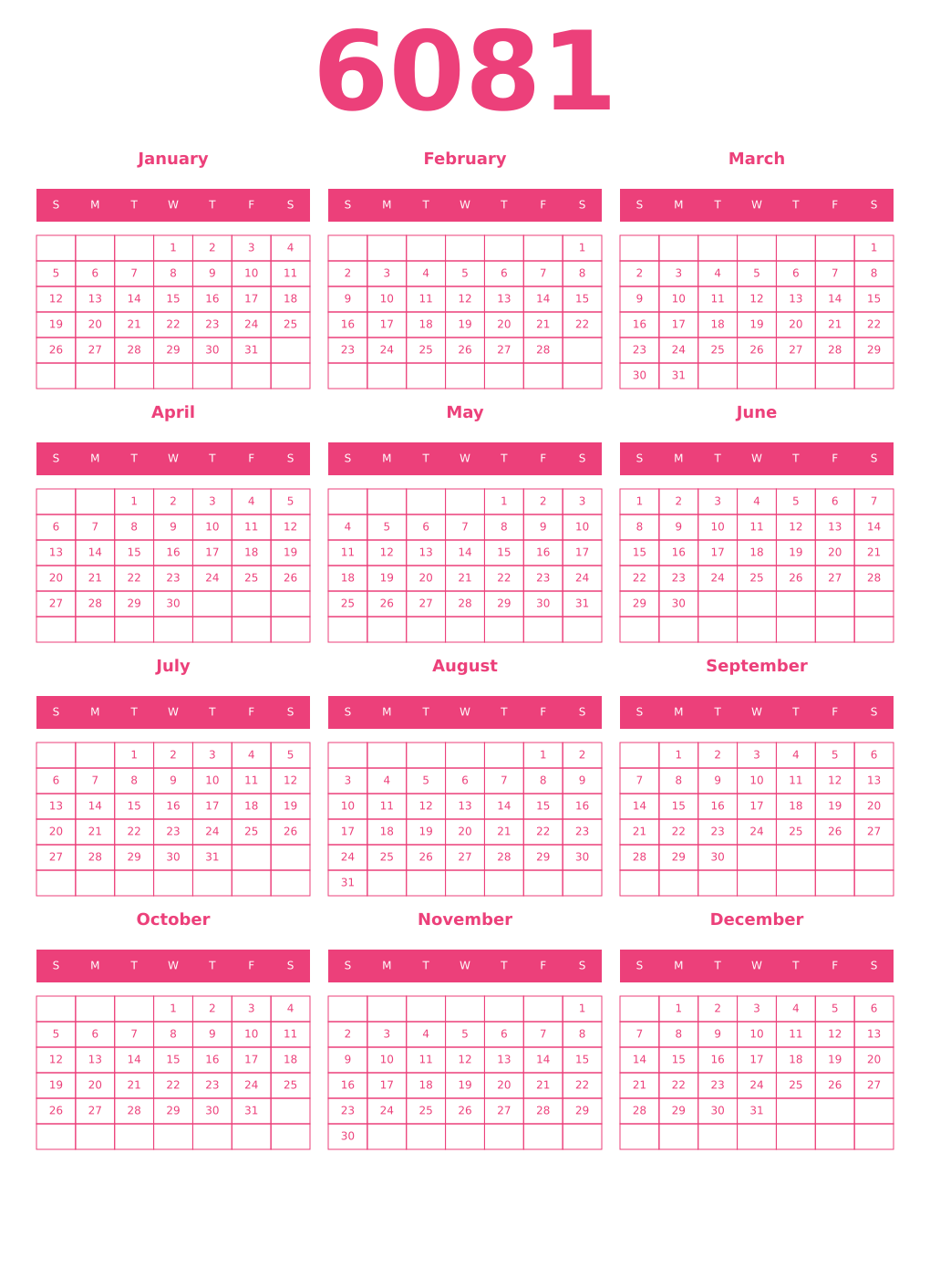Printable 6081 Year Calendars pink