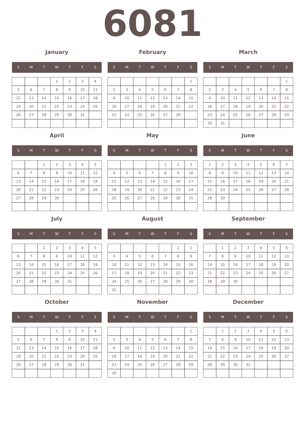Printable 6081 Year Calendars wenge