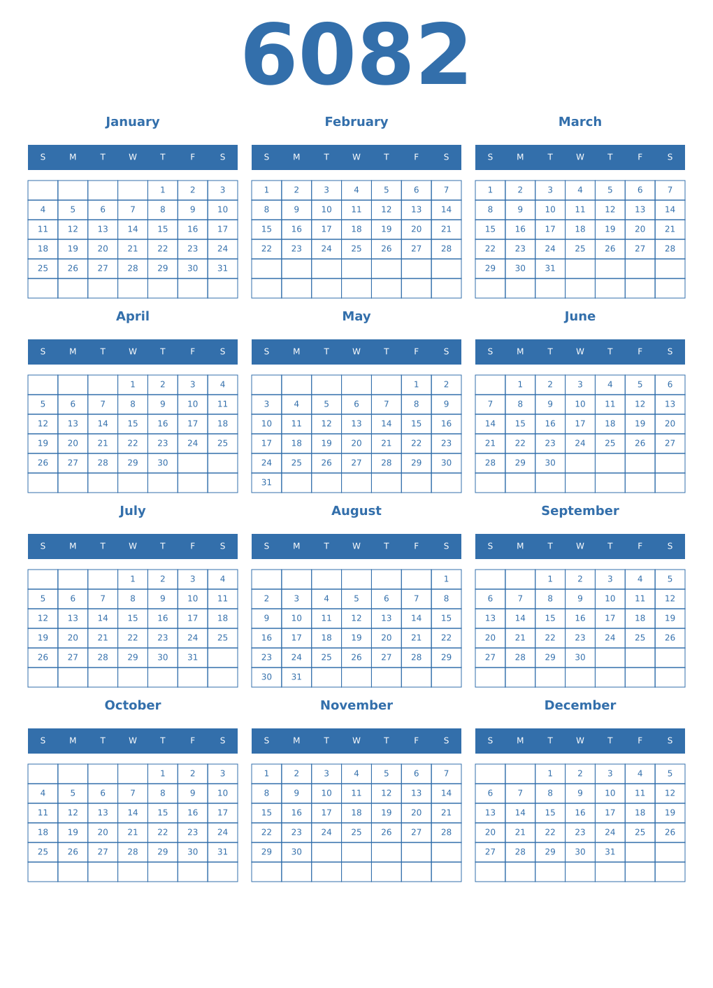 Printable 6082 Year Calendars blue