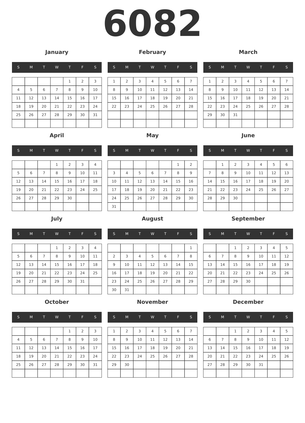 Printable 6082 Year Calendars dark