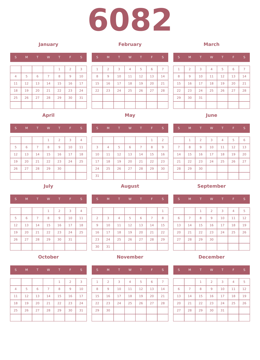 Printable 6082 Year Calendars puce