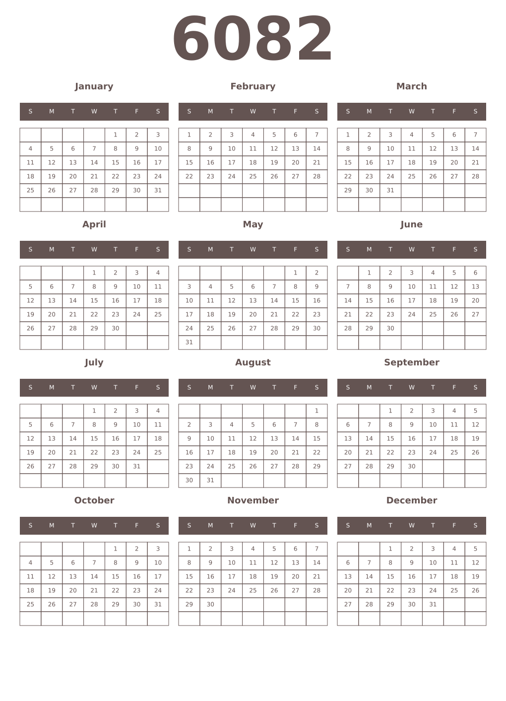 Printable 6082 Year Calendars wenge