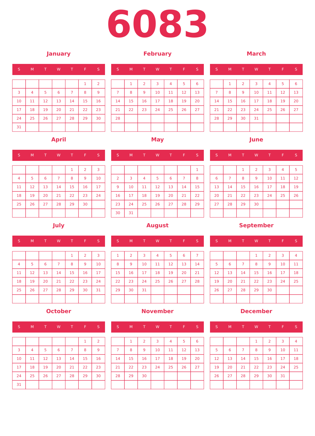 Printable 6083 Year Calendars amaranth