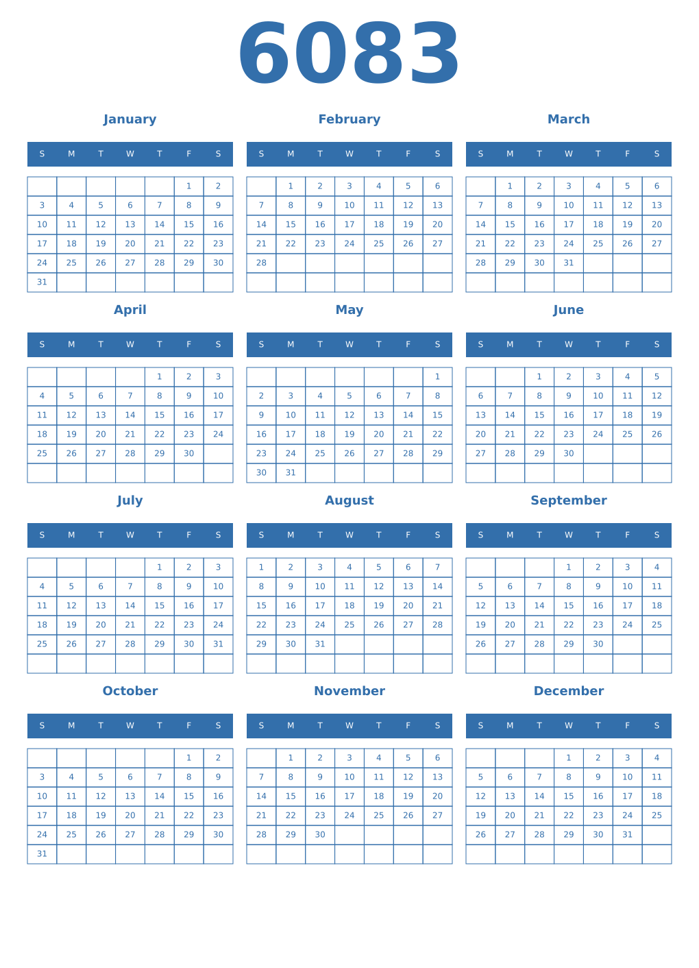 Printable 6083 Year Calendars blue
