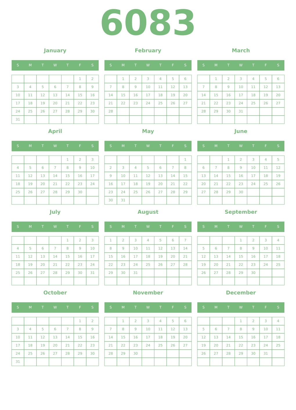 Printable 6083 Year Calendars celadon
