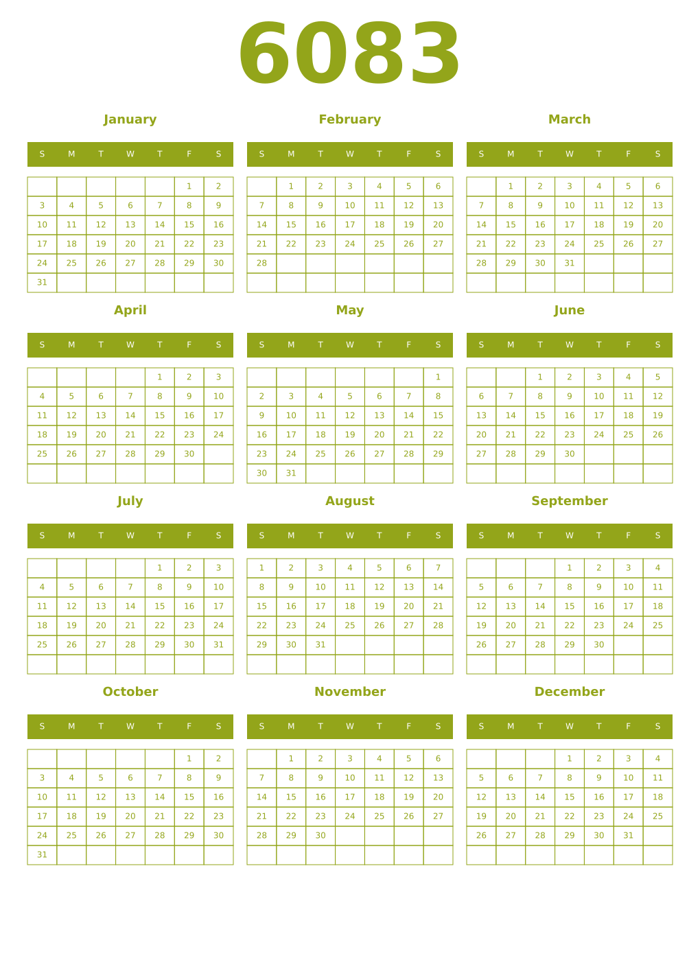 Printable 6083 Year Calendars chartreuse