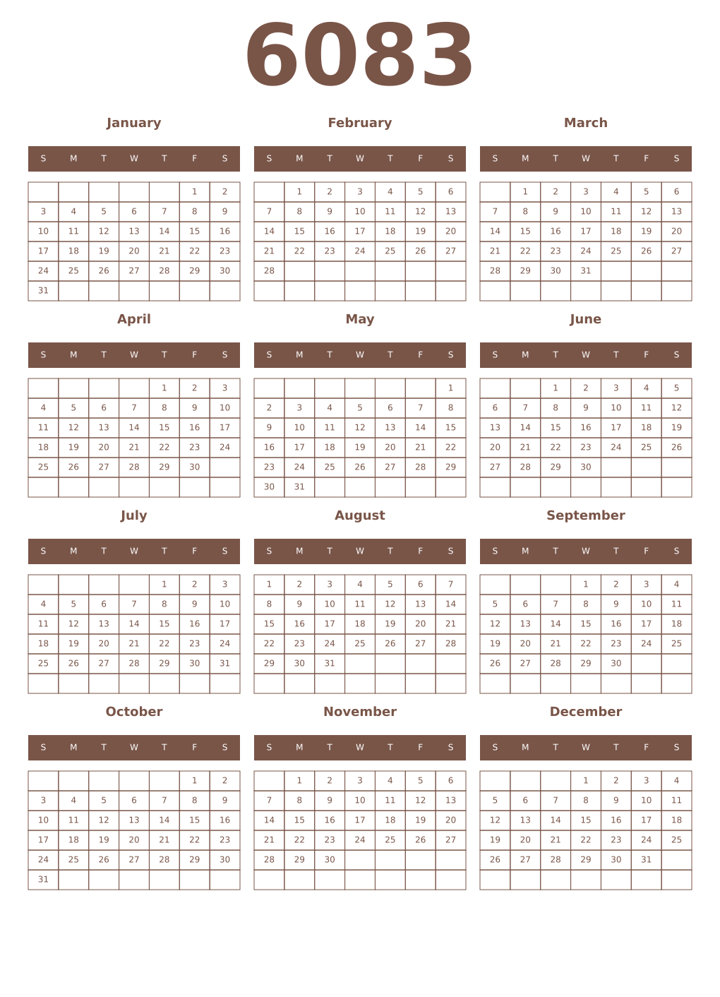 Printable 6083 Year Calendars coffe