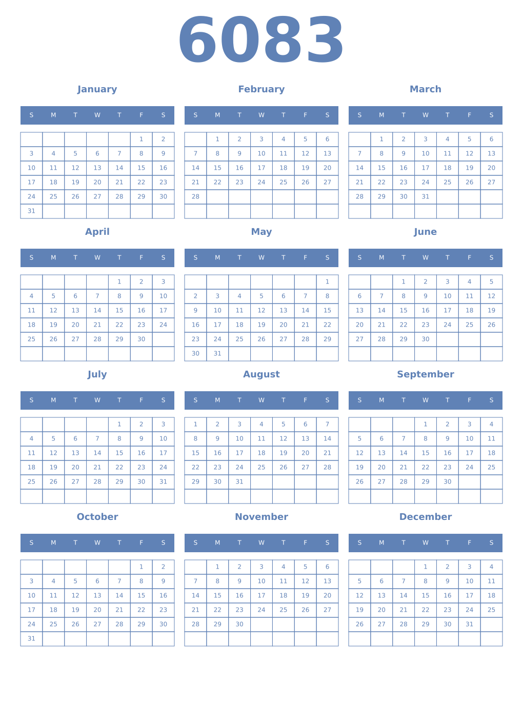 Printable 6083 Year Calendars glaucous