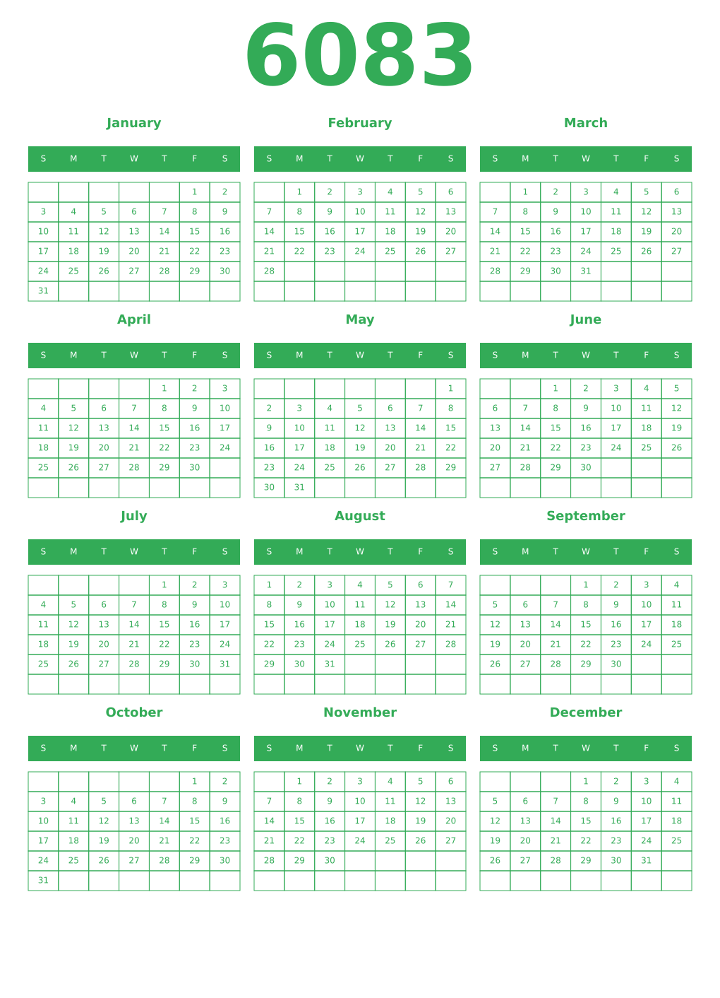 Printable 6083 Year Calendars green