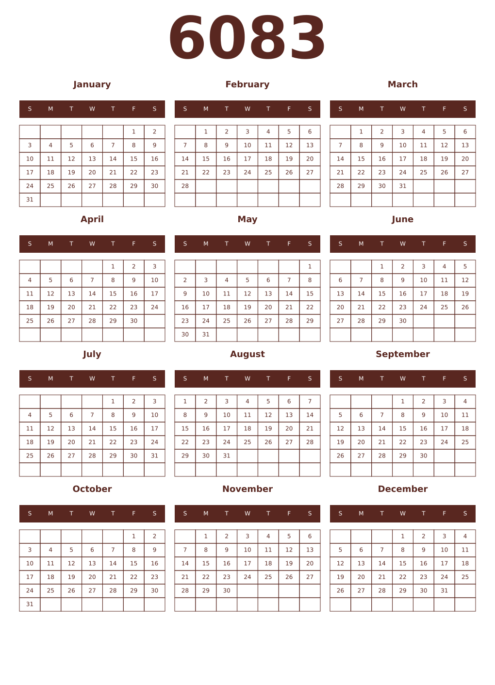 Printable 6083 Year Calendars mortuum