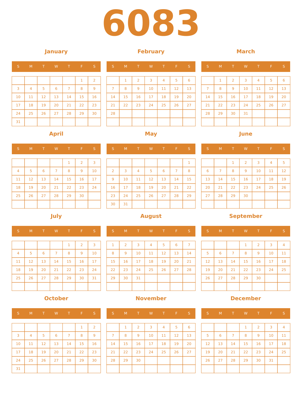 Printable 6083 Year Calendars orange