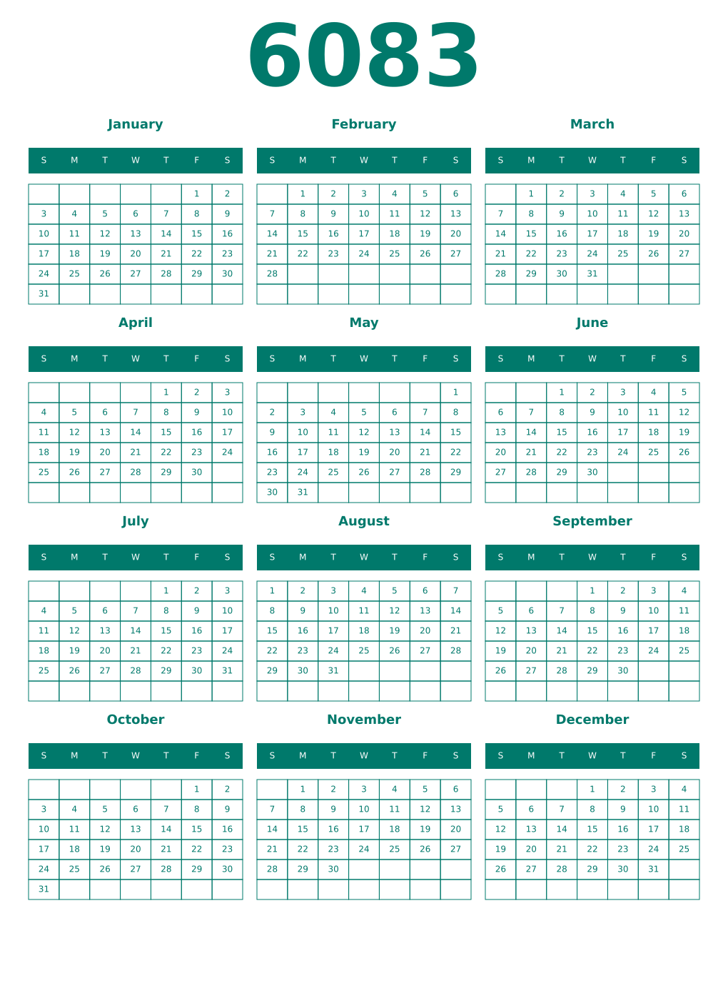 Printable 6083 Year Calendars pastel