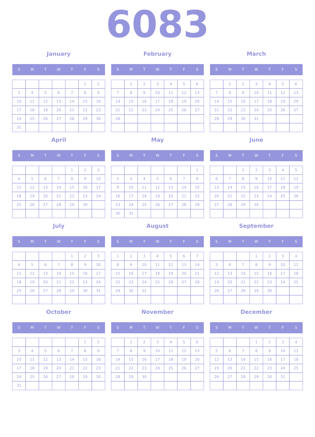 Printable 6083 Year Calendars periwinkle