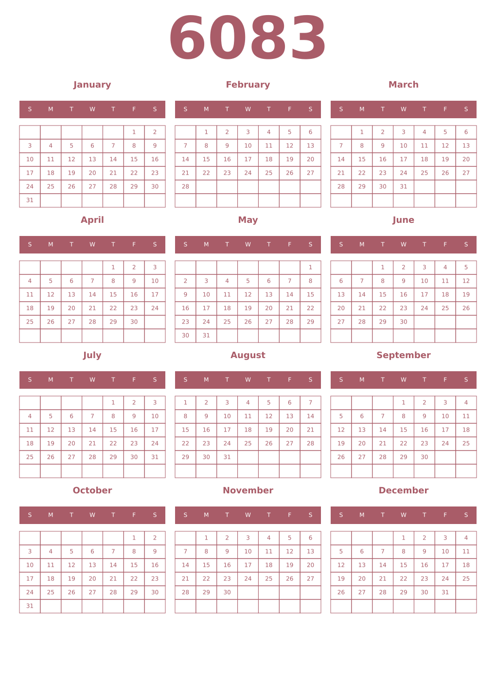 Printable 6083 Year Calendars puce