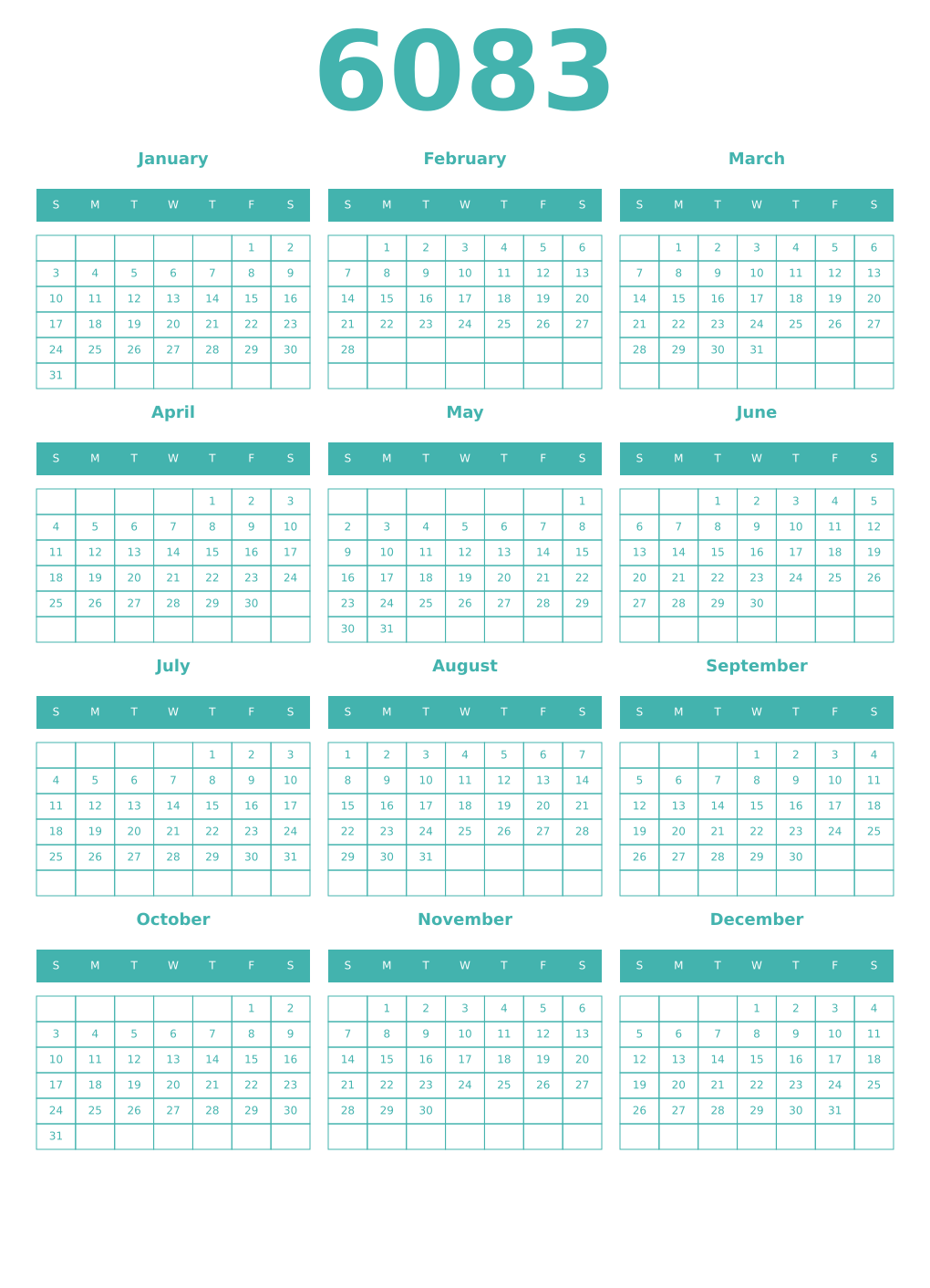 Printable 6083 Year Calendars verdigris