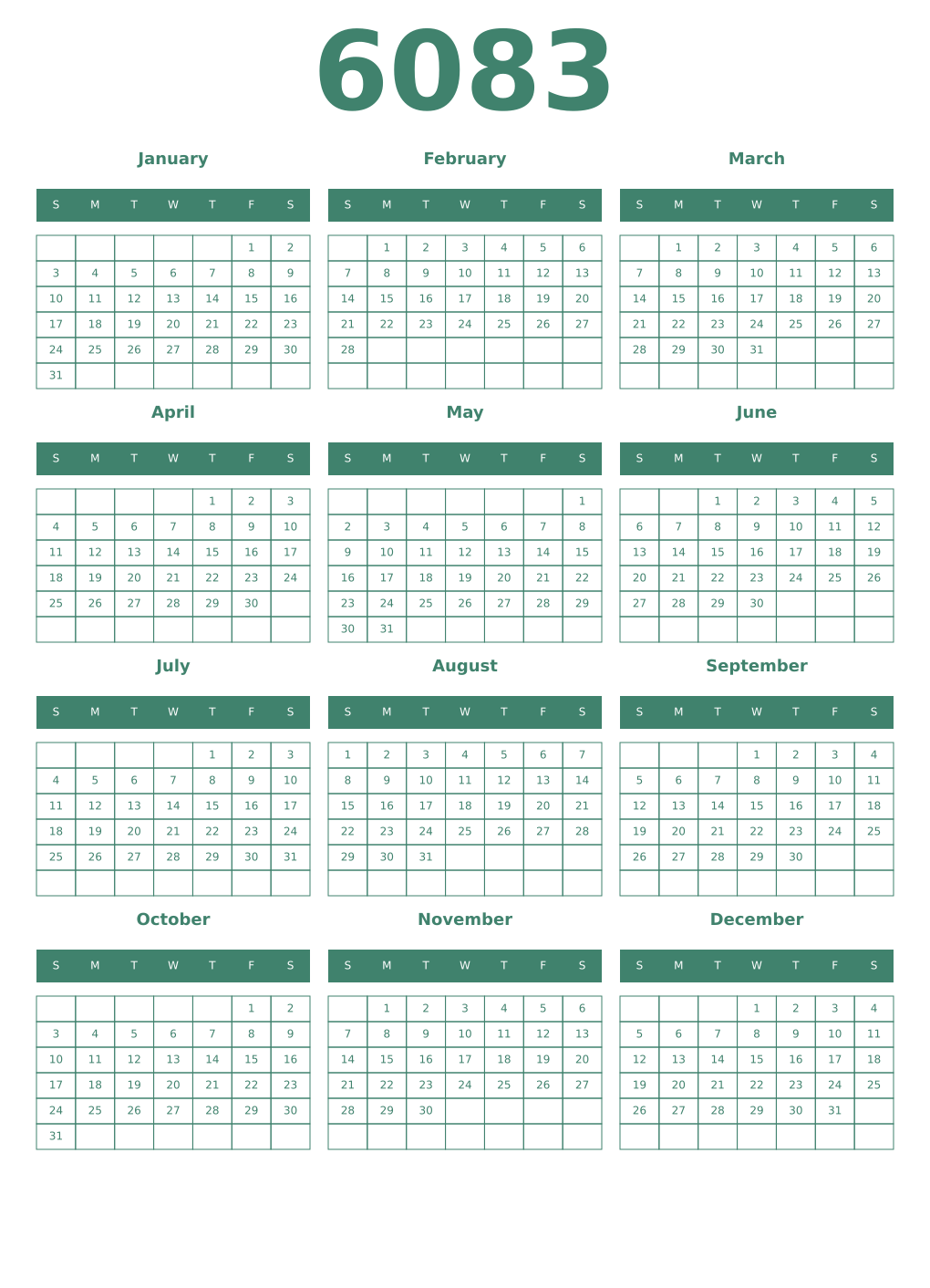 Printable 6083 Year Calendars viridian