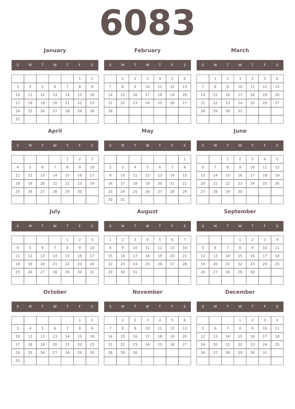 Printable 6083 Year Calendars wenge
