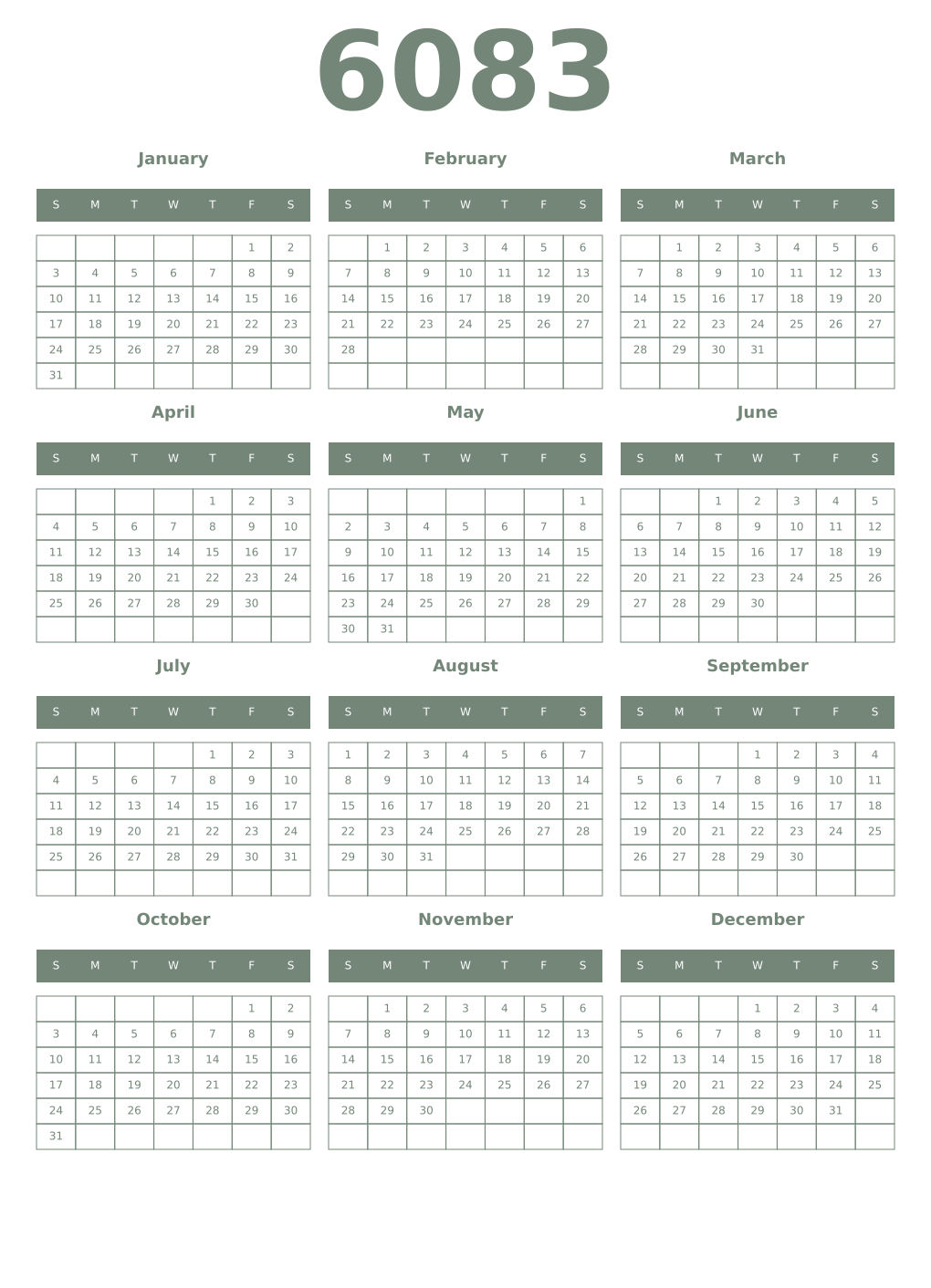 Printable 6083 Year Calendars xanadu