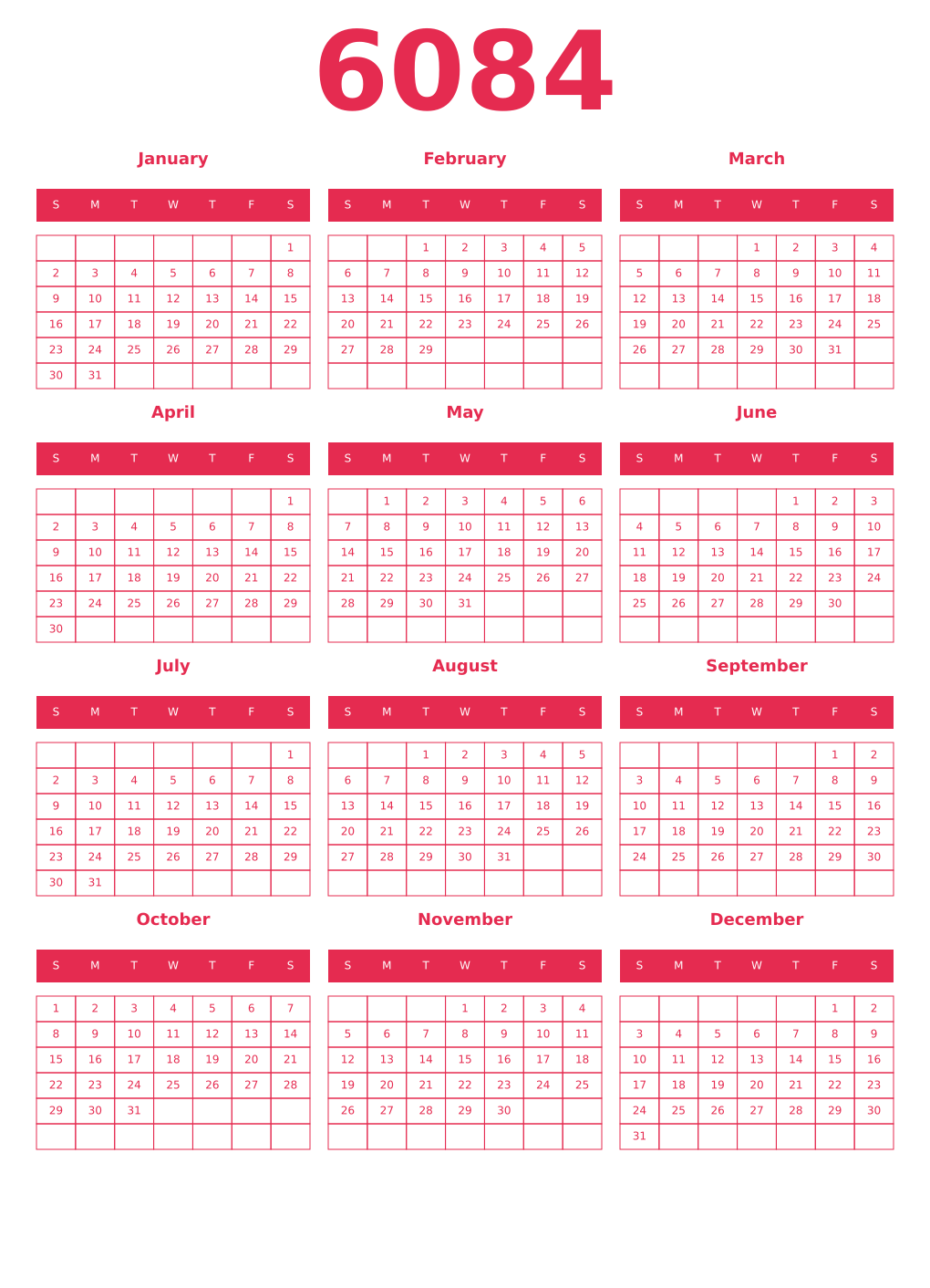 Printable 6084 Year Calendars amaranth