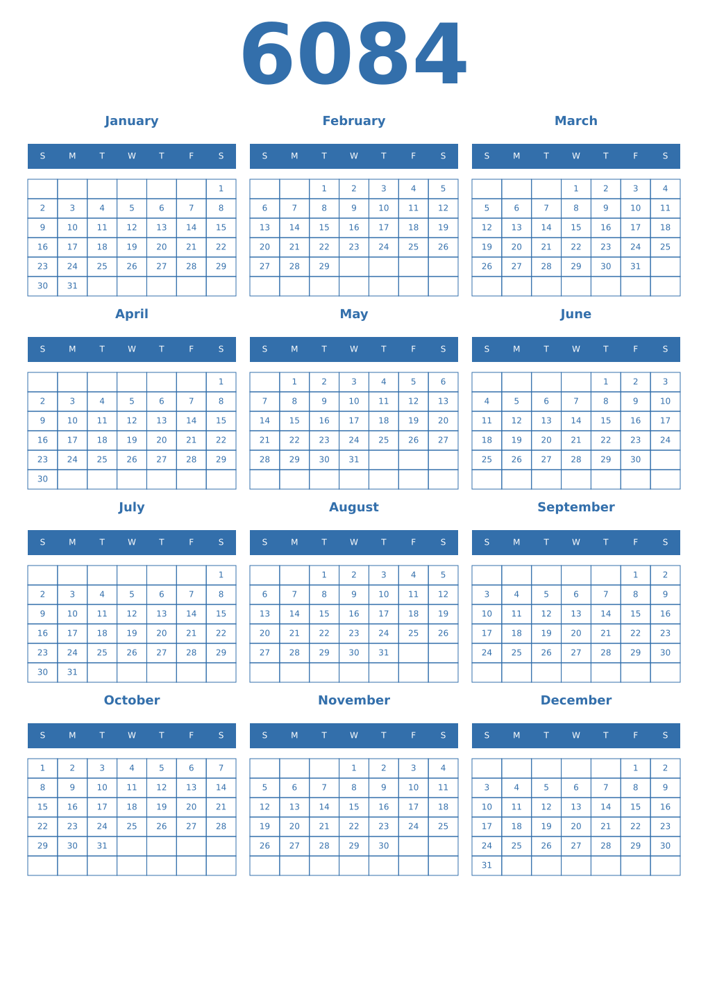 Printable 6084 Year Calendars blue