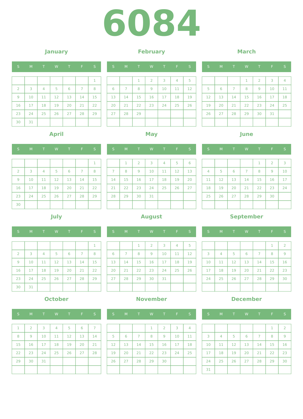 Printable 6084 Year Calendars celadon